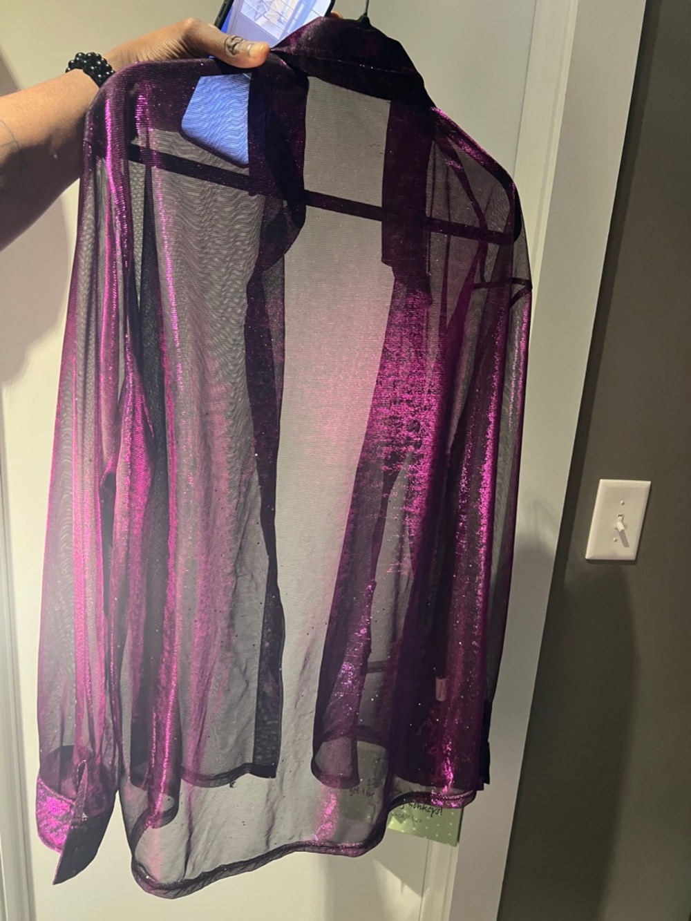 Abundance Sheer Metallic Purple Button-Up Shirt for both Men and Women - Picture 3 of 4
